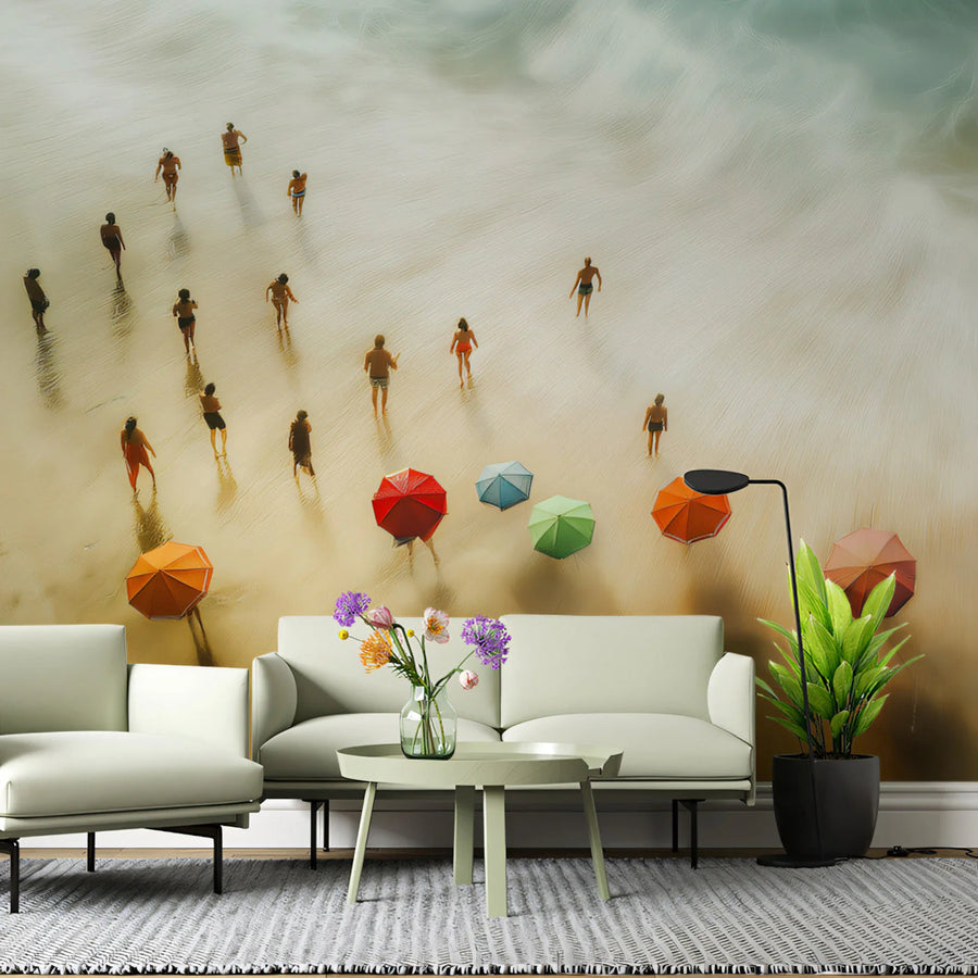 Aerial Beach Scene Mural Wallpaper — Vibrant Coastal Art Mural Wallpaper