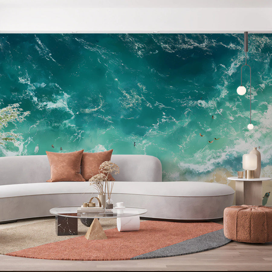 Aerial Beach Waves Mural Wallpaper — Impressionistic Coastal Scene Mural Wallpaper