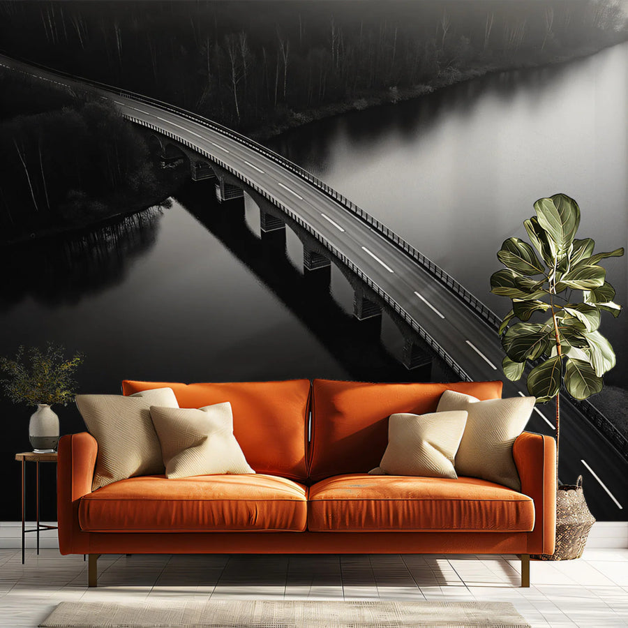 Aerial Bridge Over Water Mural Wallpaper — Monochromatic Landscape Mural Wallpaper