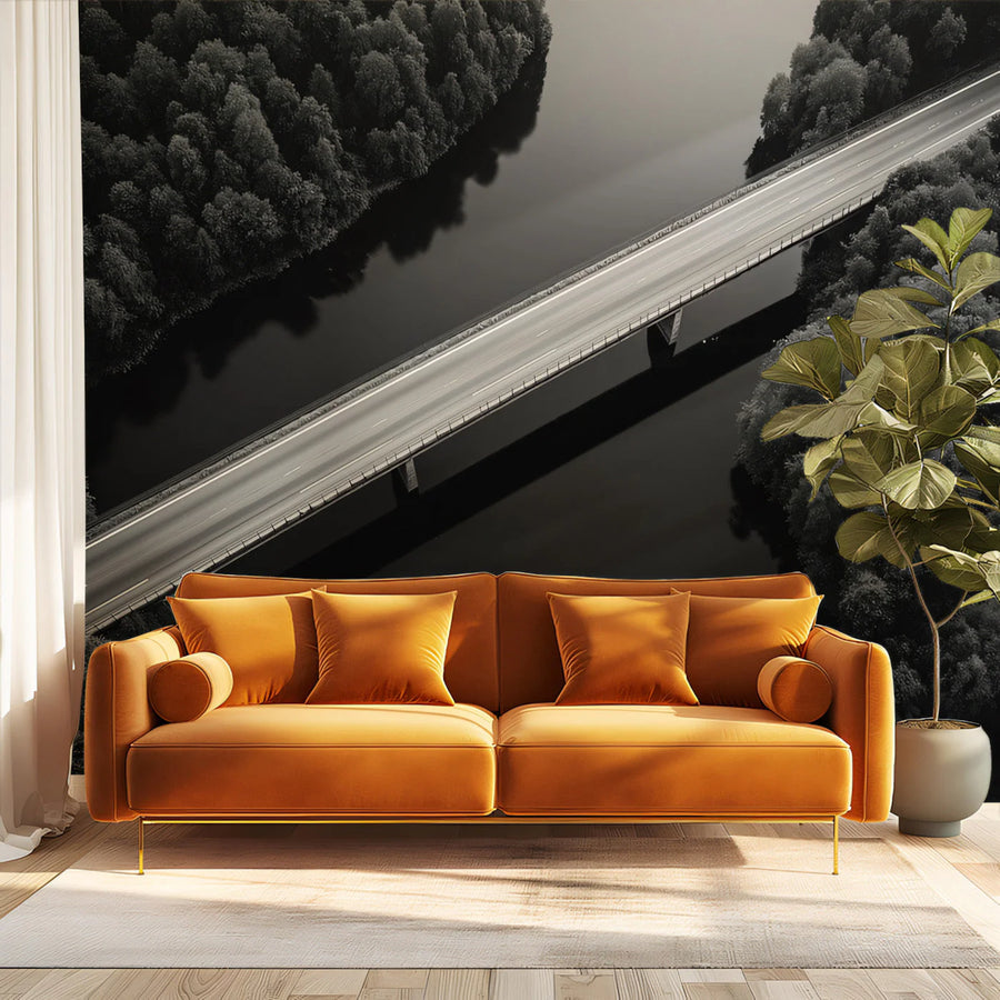 Aerial Bridge Landscape Mural Wallpaper — Monochromatic Modern Mural Wallpaper
