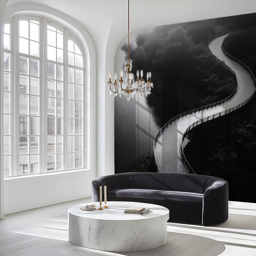 Winding Forest Path Mural Wallpaper — Monochromatic Landscape Mural Wallpaper