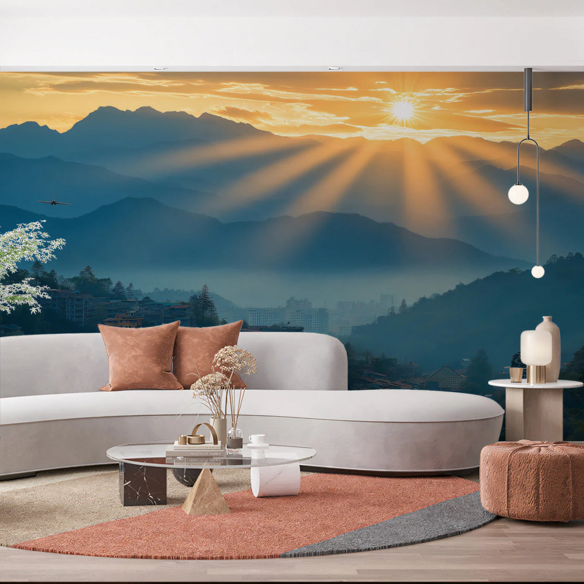 Sunlit Mountain Valley Mural Wallpaper —Dramatic Scenic Landscape Mural Wallpaper - pure wallpaper artwork
