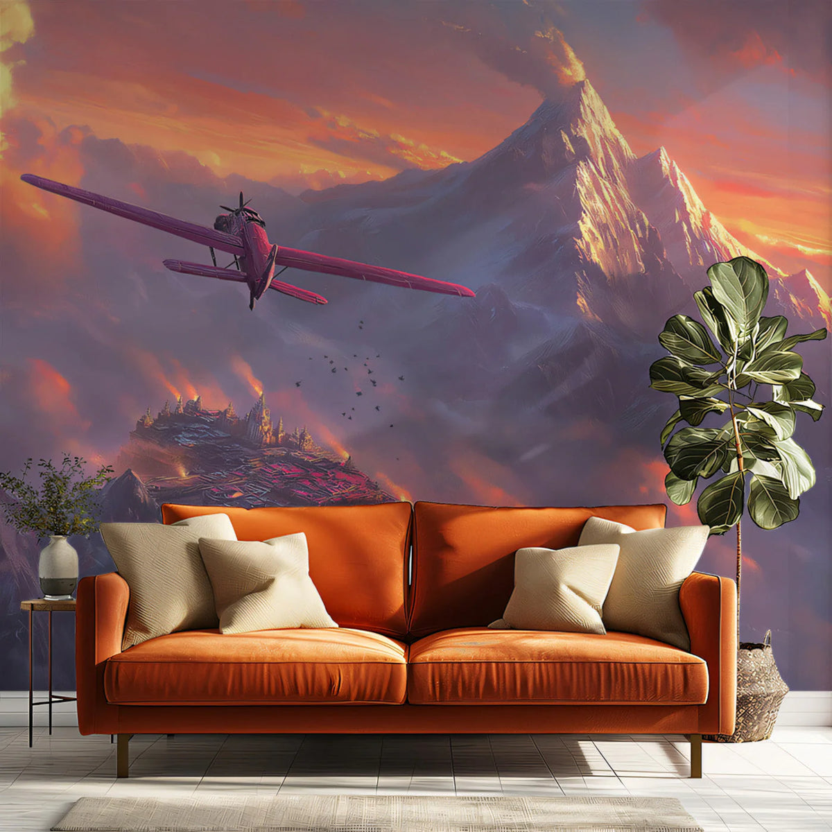 Fantasy Mountain Airplane Mural Wallpaper — Whimsical Sky Scene Mural Wallpaper - pure wallpaper artwork