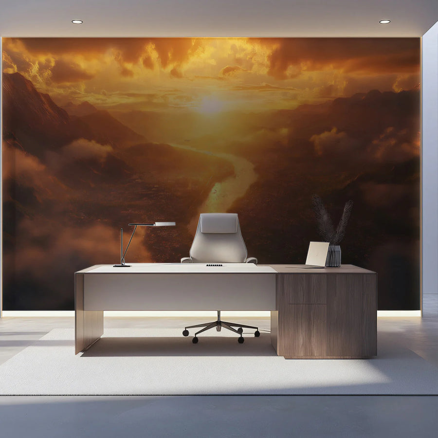 Golden Mountain River Mural Wallpaper — Dramatic Sunset Landscape Mural Wallpaper