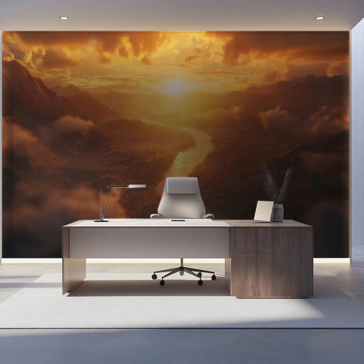 Golden Mountain River Mural Wallpaper — Dramatic Sunset Landscape Mural Wallpaper - pure wallpaper artwork