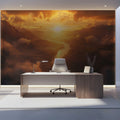 Golden Mountain River Mural Wallpaper — Dramatic Sunset Landscape Mural Wallpaper - pure wallpaper artwork