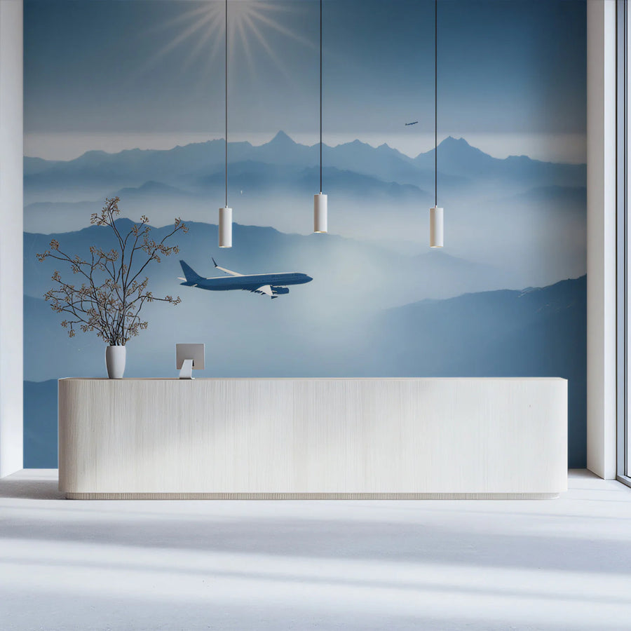 Aviation Misty Mountain Peaks Mural Wallpaper — Modern Blue Sky Mural Wallpaper