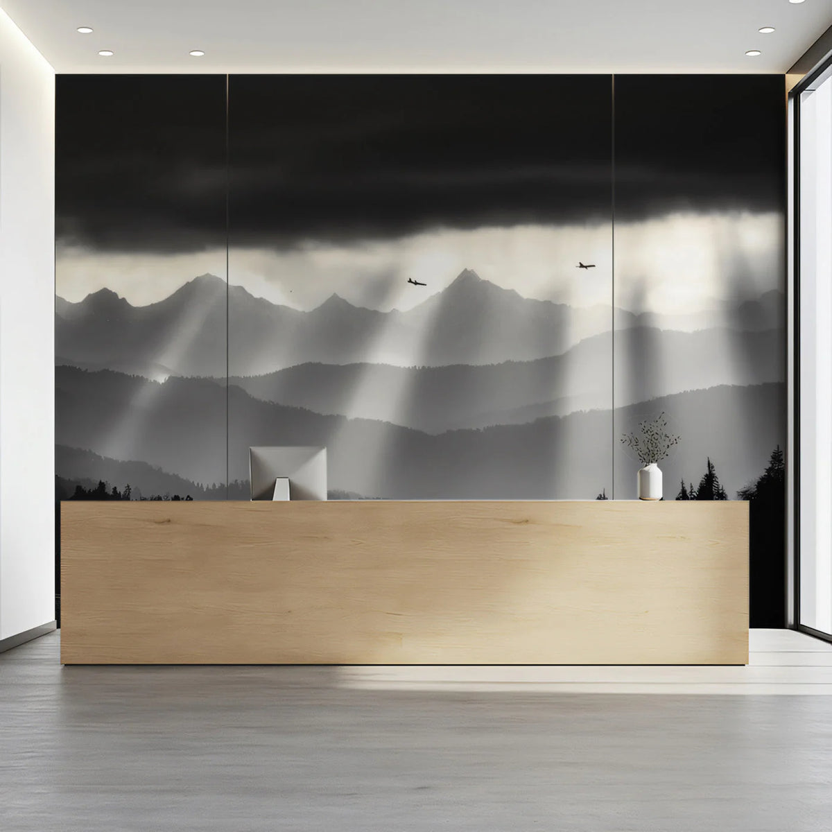 Monochrome Mountain Peaks Mural Wallpaper — Dramatic Light Rays Mural Wallpaper - pure wallpaper artwork