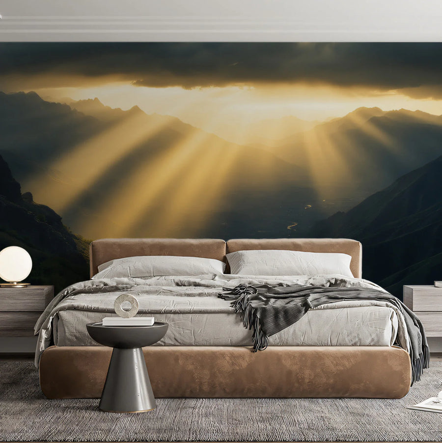 Golden Rays Mountain Valley Mural Wallpaper