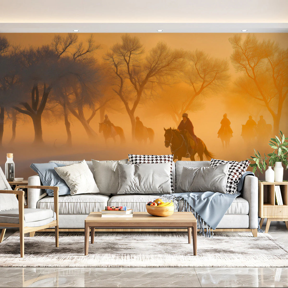 Misty Equestrian Forest Mural Wallpaper — Golden Hour Scenic Mural Wallpaper - pure wallpaper artwork