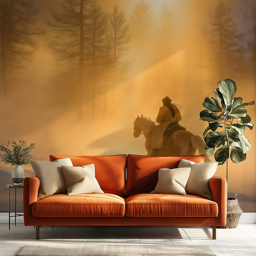 Lone Rider Forest Mural Wallpaper — Hazy Golden Sunset Scene Mural Wallpaper