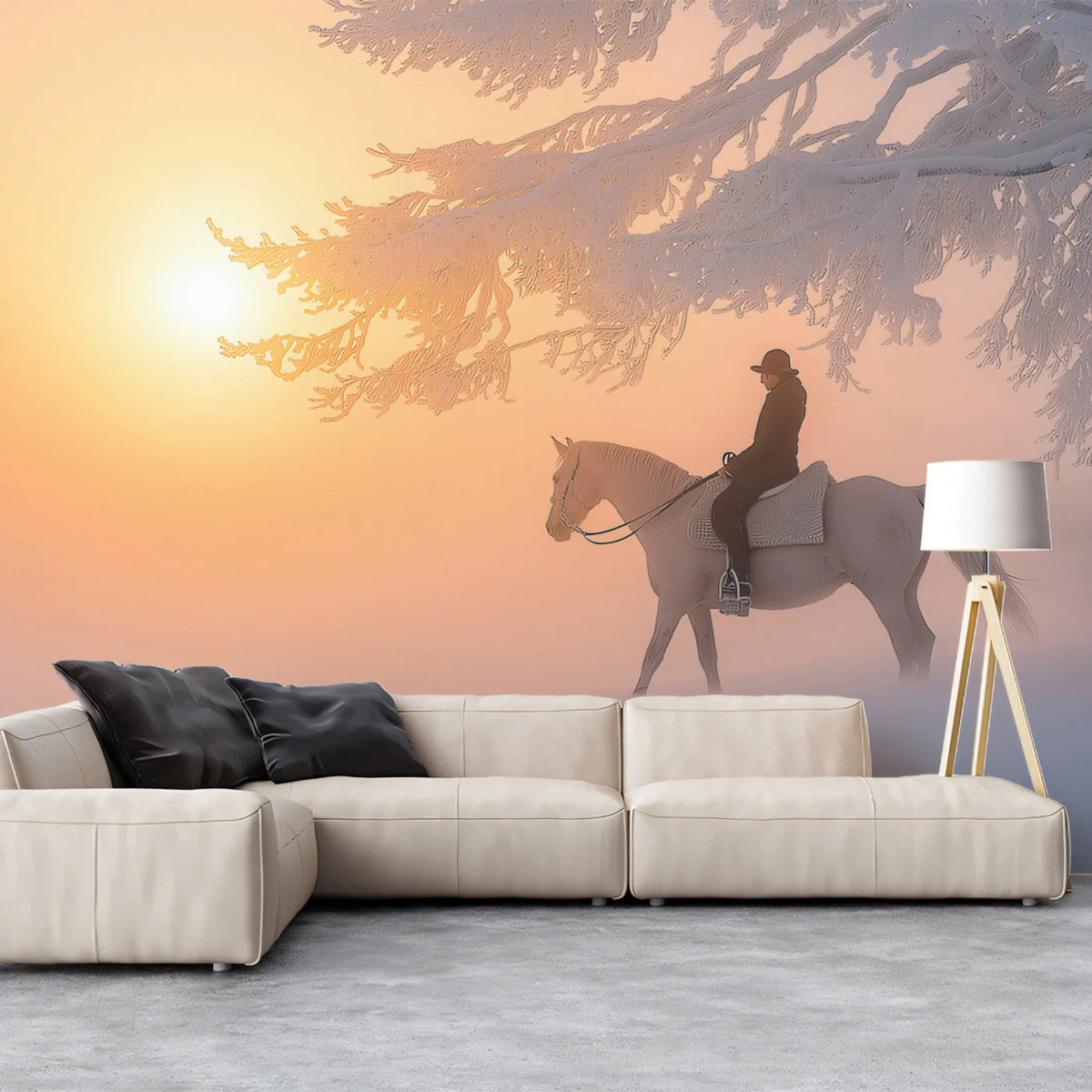 Snowy Tree Rider Sunset Mural Wallpaper Serene Elegant Decoration Mural Wallpaper - pure wallpaper artwork