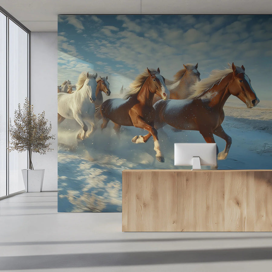 Galloping Horses Snowy Field Mural Wallpaper — Winter Landscape Mural Wallpaper