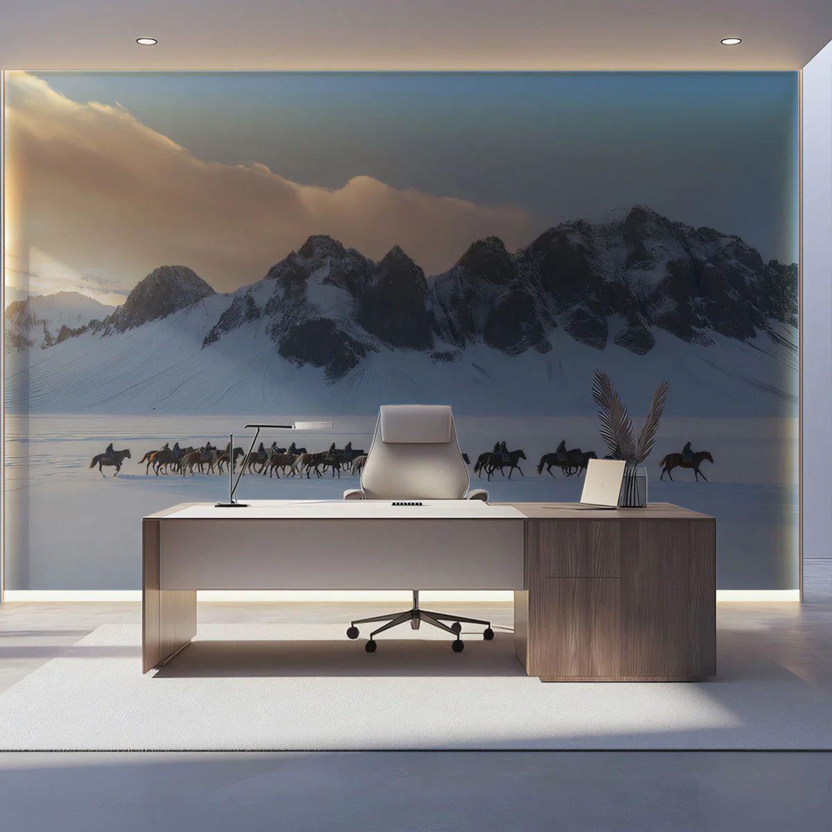Winter Mountain Riders Mural Wallpaper —Scenic Alpine Landscape Mural Wallpaper - pure wallpaper artwork