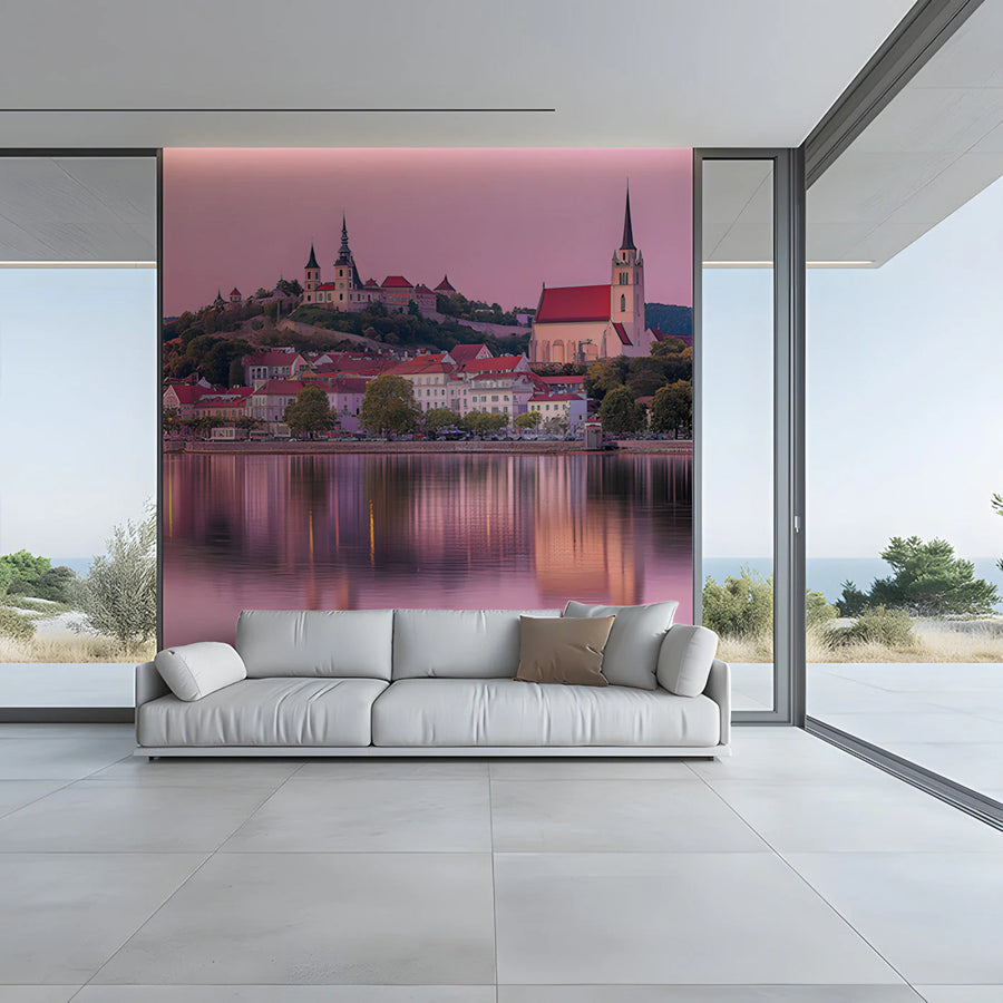 Riverside Town Sunset Mural Wallpaper —Romantic European Scenery Mural Wallpaper