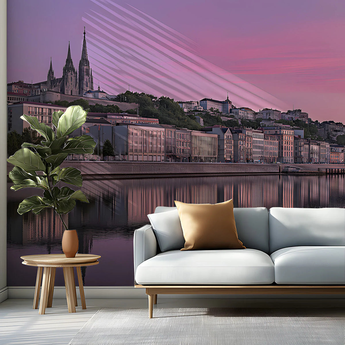 Riverside European Cityscape Mural Wallpaper —Soft Twilight Pink Mural Wallpaper - pure wallpaper artwork