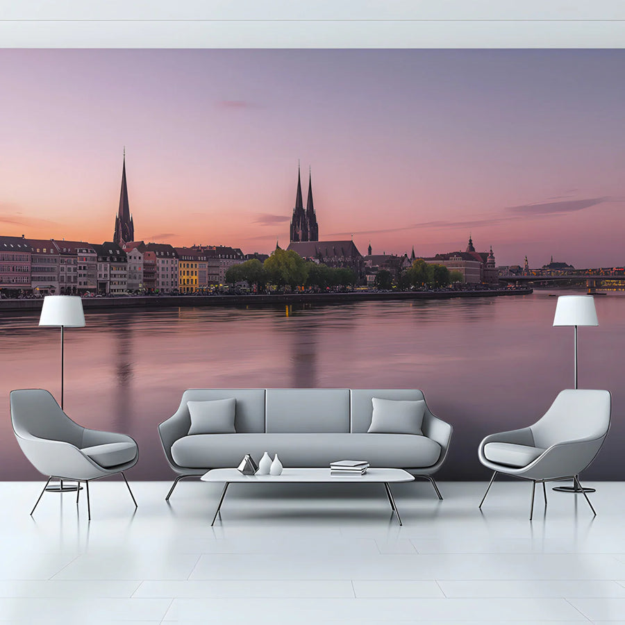Riverside Cityscape Mural Wallpaper —Sunset Urban Reflection Mural Wallpaper