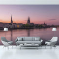 Riverside Cityscape Mural Wallpaper —Sunset Urban Reflection Mural Wallpaper - pure wallpaper artwork