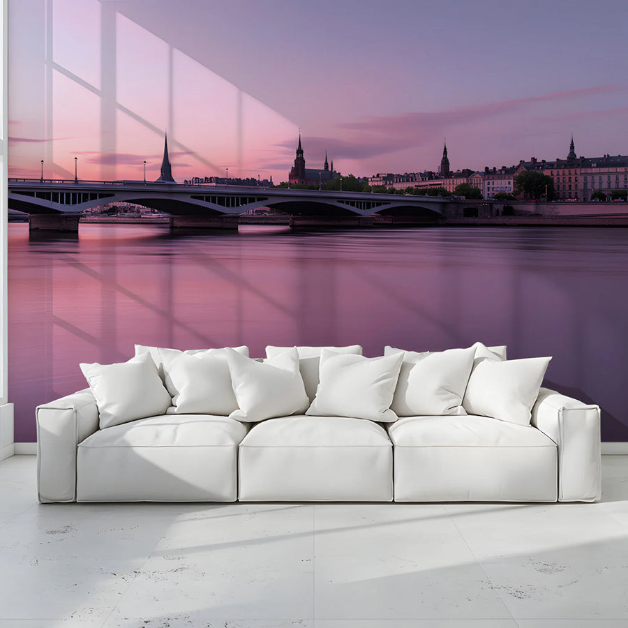 Twilight River Bridge Mural Wallpaper — Urban Sunset Skyline Mural Wallpaper
