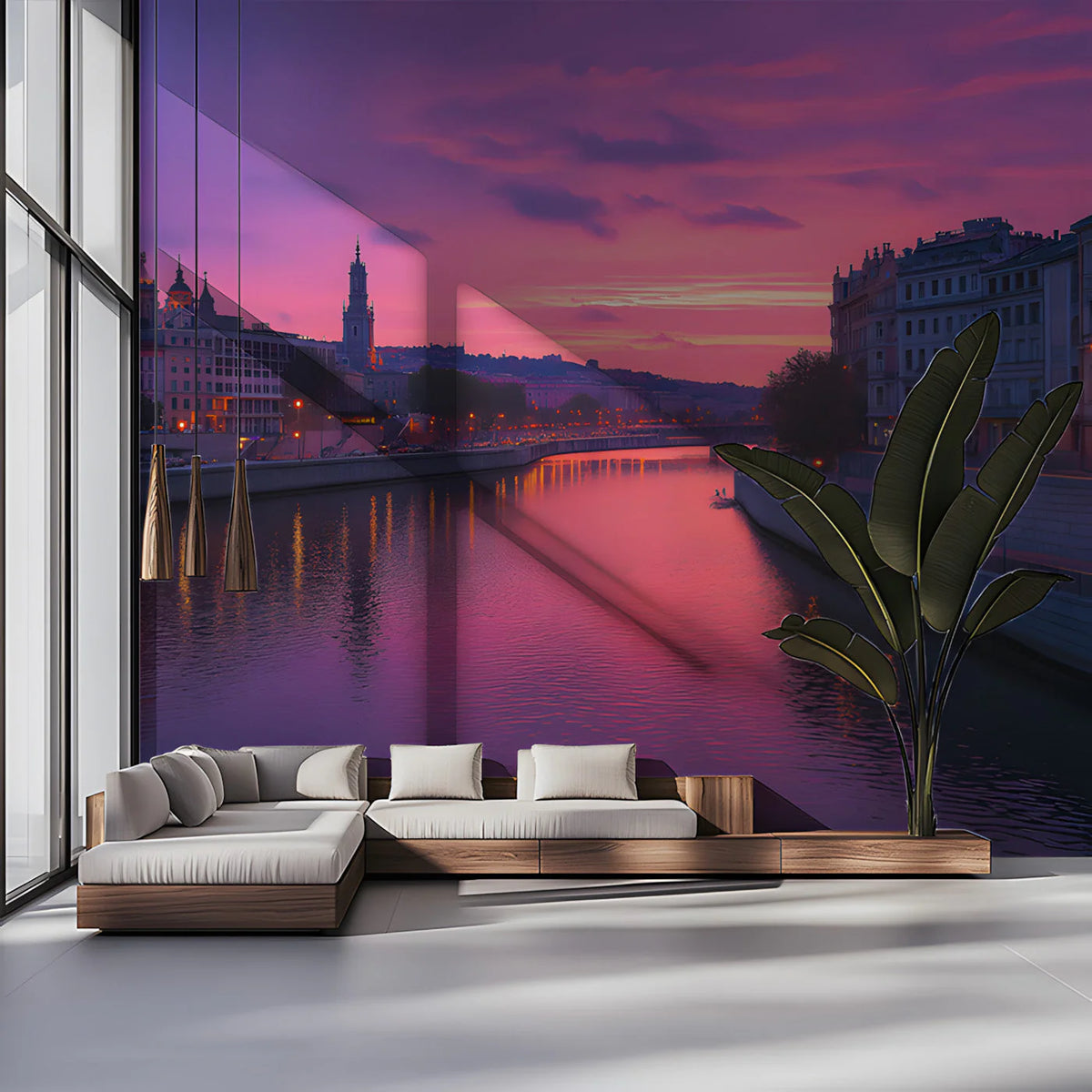 Magenta Twilight River Cityscape Mural Wallpaper - pure wallpaper artwork