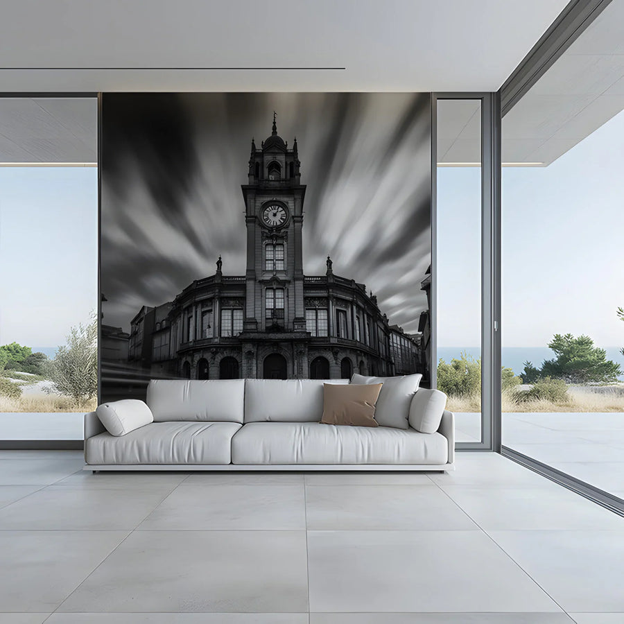 Clock Tower Long Exposure Mural Wallpaper — Architectural Monochrome Mural Wallpaper