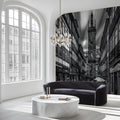 Monochromatic European Clock Tower Mural Wallpaper — Urban Scene Mural Wallpaper - pure wallpaper artwork