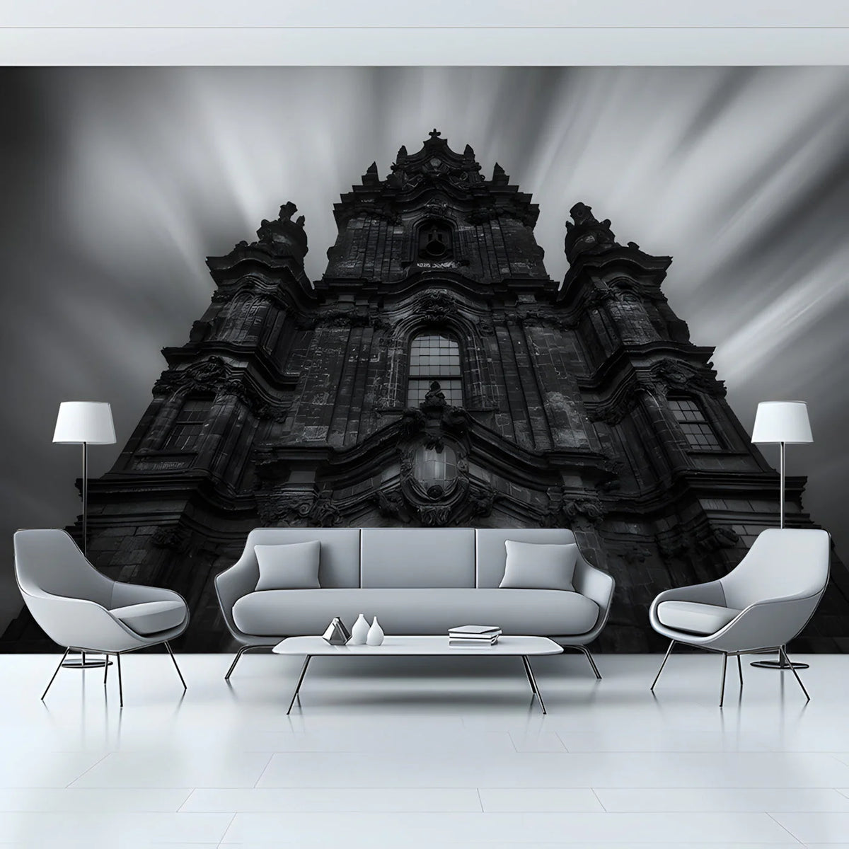 Gothic Cathedral Mural Wallpaper —Monochromatic Architectural Art Mural Wallpaper - pure wallpaper artwork