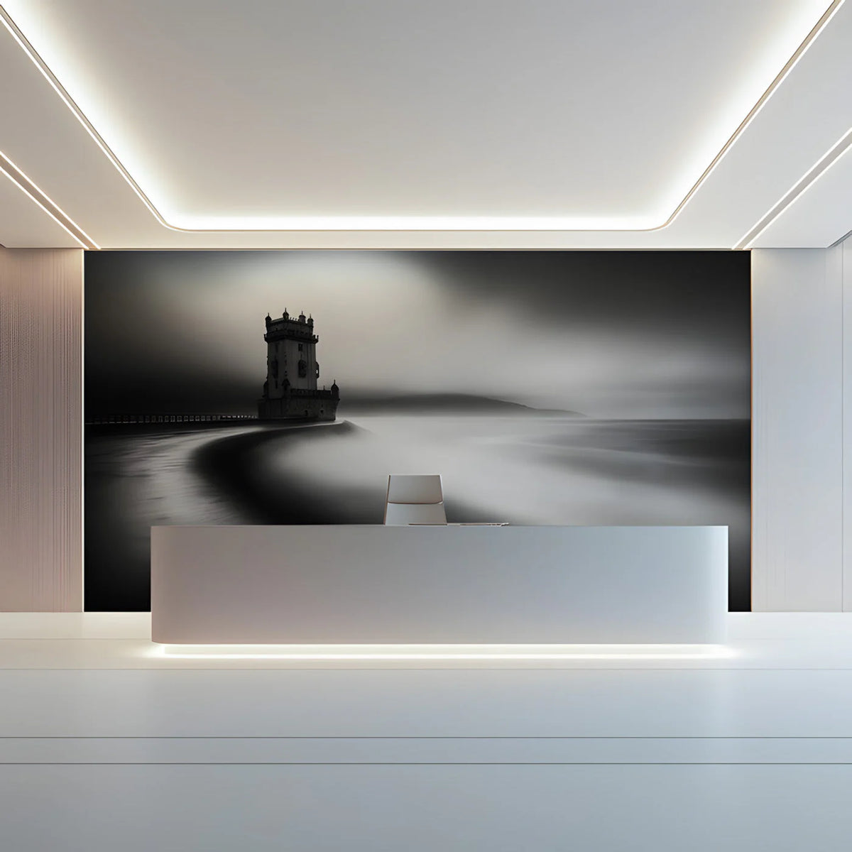 Tower in Coastal Mist Mural Wallpaper — Moody Monochrome Art Mural Wallpaper - pure wallpaper artwork