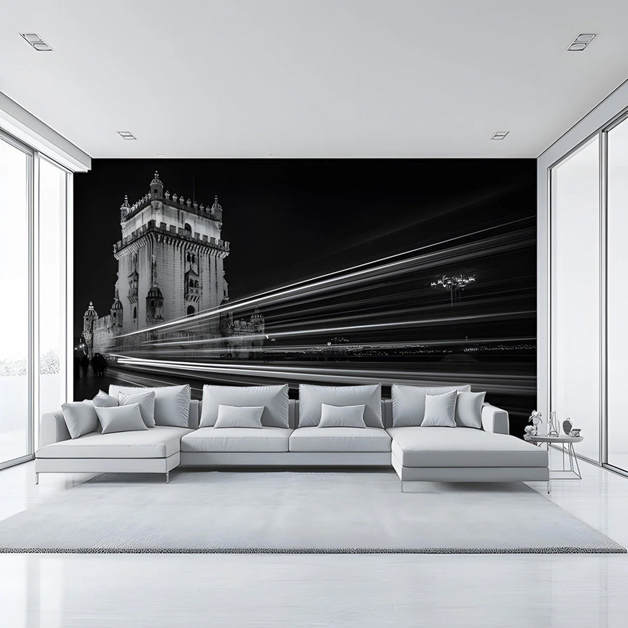Belém Tower Light Trails Mural Wallpaper — Monochrome Architecture Mural Wallpaper