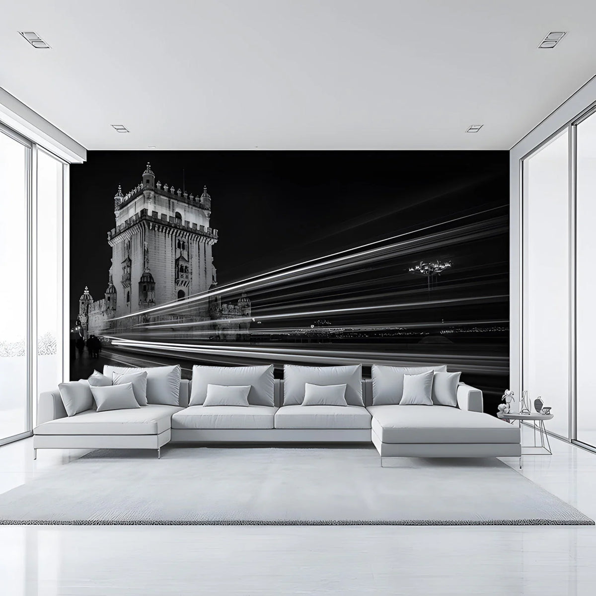 Belém Tower Light Trails Mural Wallpaper — Monochrome Architecture Mural Wallpaper - pure wallpaper artwork