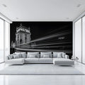 Belém Tower Light Trails Mural Wallpaper — Monochrome Architecture Mural Wallpaper - pure wallpaper artwork