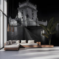 Belém Tower Night Mural Wallpaper — Monochrome Architectural Mural Mural Wallpaper - pure wallpaper artwork