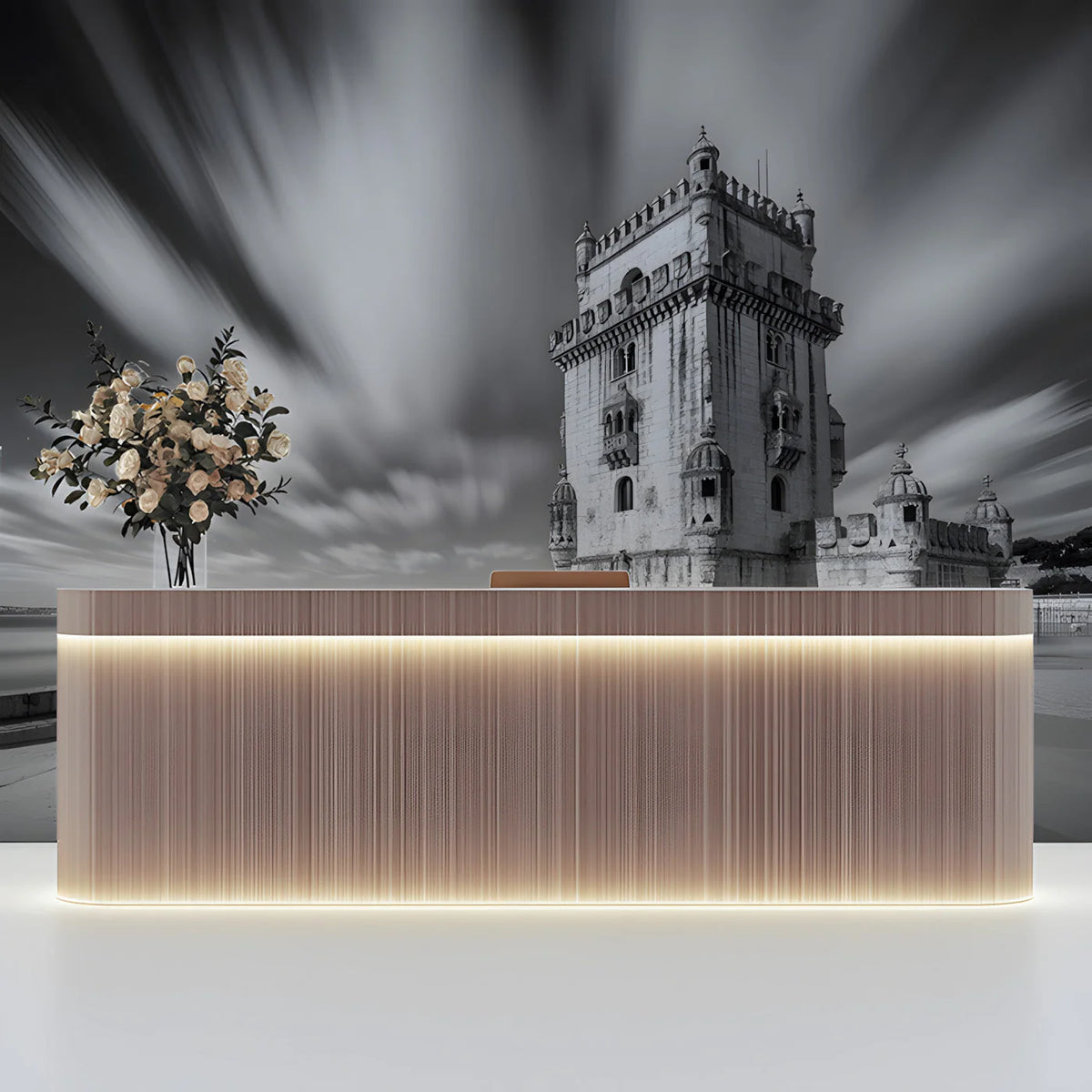 Belém Tower Coastal Mural Wallpaper — Dramatic Monochrome Architecture Mural Wallpaper - pure wallpaper artwork