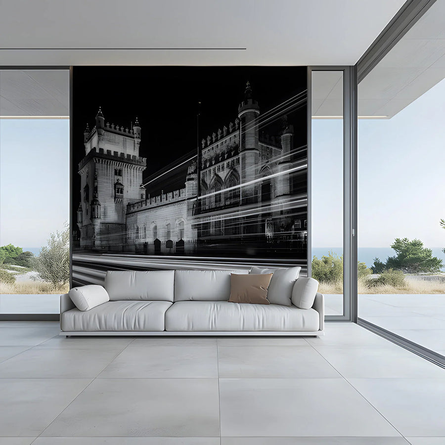 Belém Tower Light Trails Mural Wallpaper — Urban Night Aesthetic Mural Wallpaper