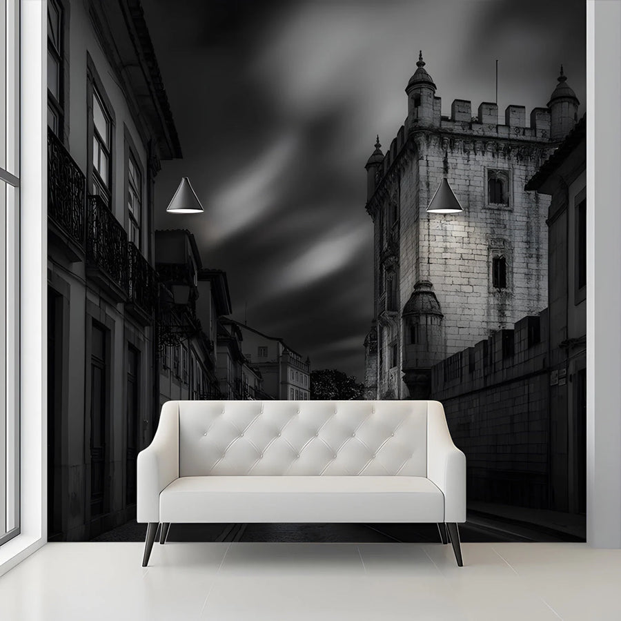Old World Tower Street Mural Wallpaper — Urban Monochrome Scene Mural Wallpaper