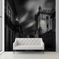 Old World Tower Street Mural Wallpaper — Urban Monochrome Scene Mural Wallpaper - pure wallpaper artwork
