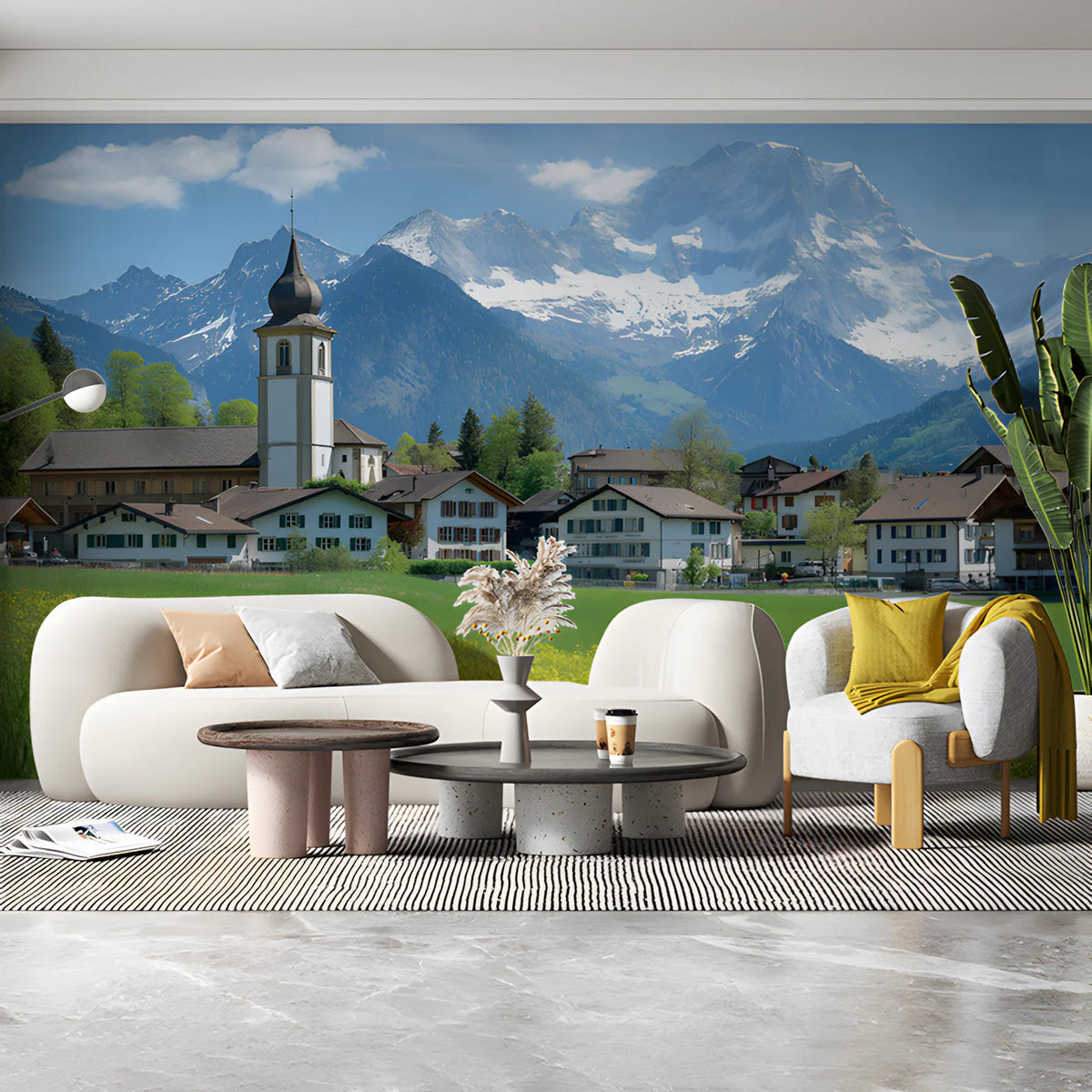 Swiss Alpine Village Mural Wallpaper —Scenic Mountain Landscape Mural Wallpaper - pure wallpaper artwork