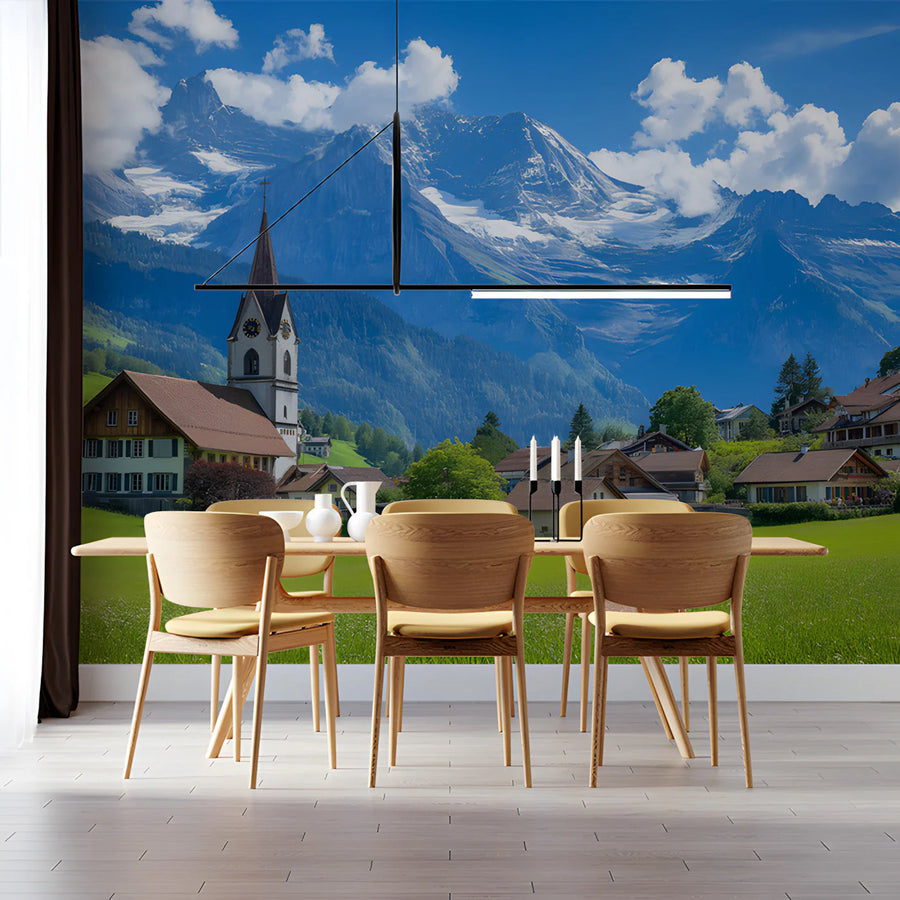 Swiss Alpine Village Landscape Mural Wallpaper —Scenic Decor Mural Wallpaper