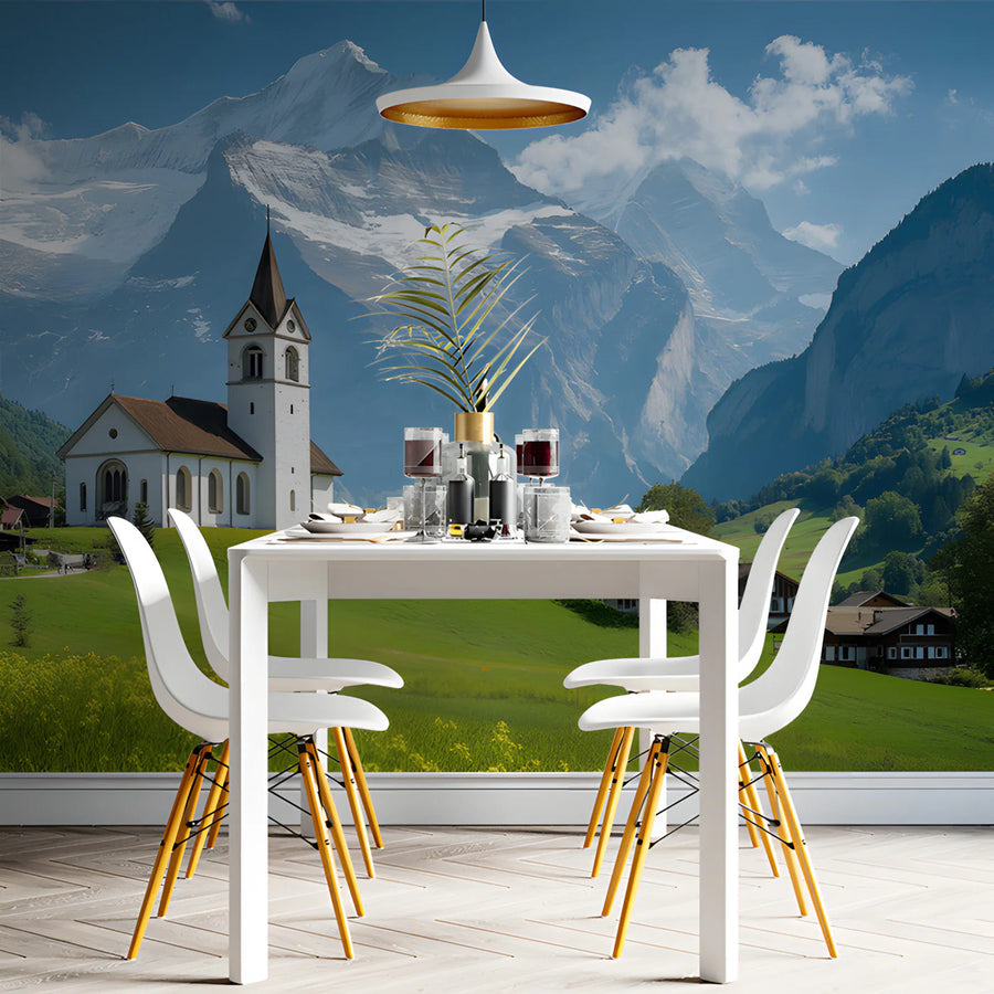 Swiss Alpine Village Mural Wallpaper —Scenic Mountain View Mural Wallpaper