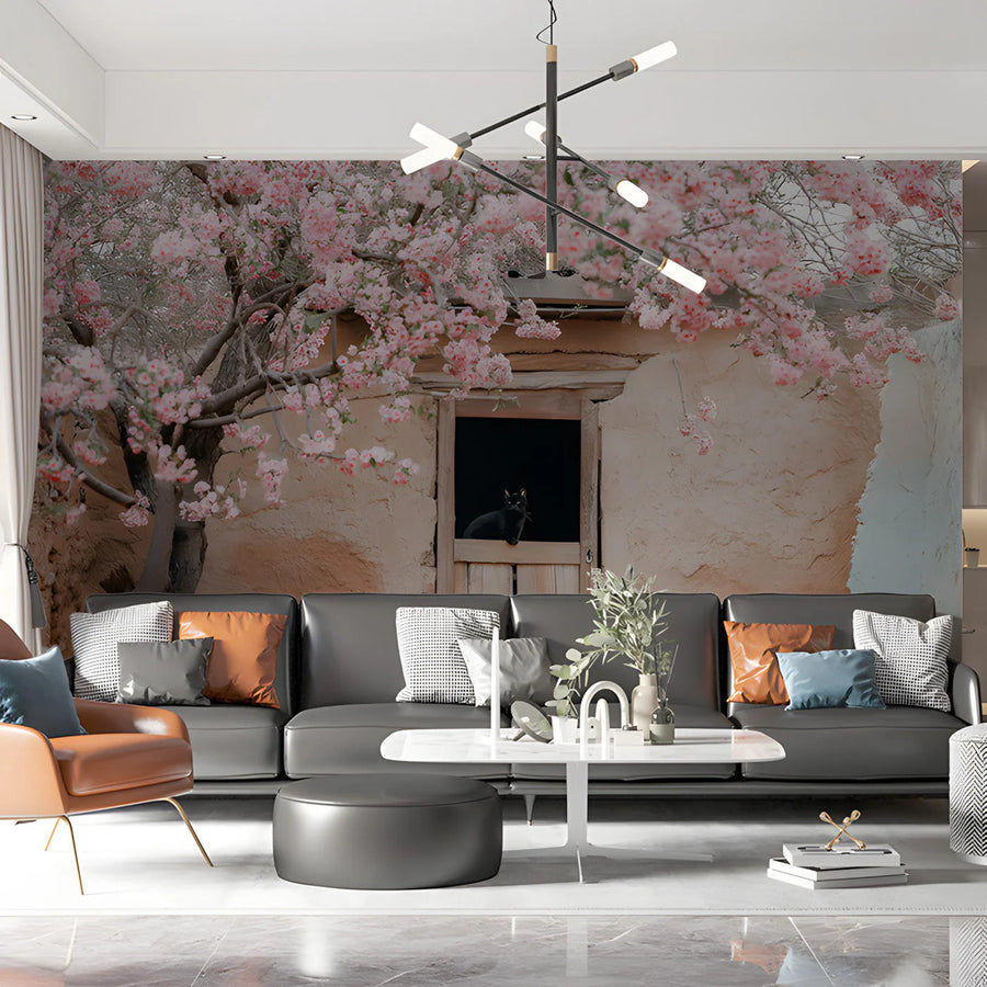 Spring Blossom Cottage Mural Wallpaper — Whimsical Garden Scene Mural Wallpaper