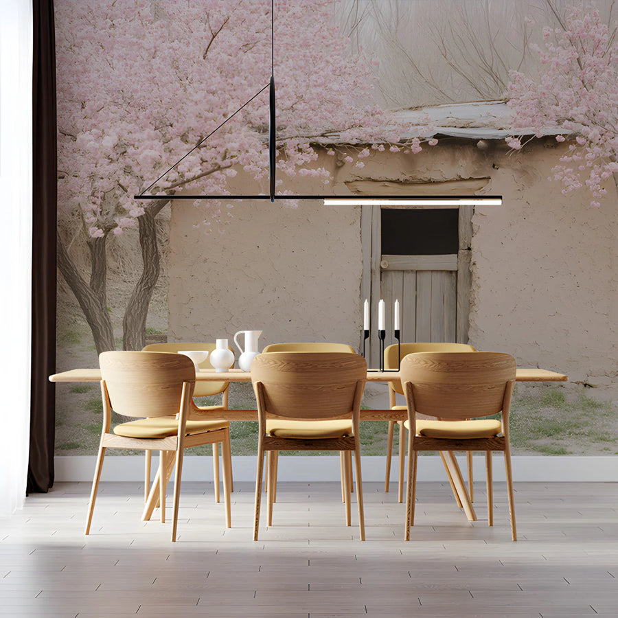 Cherry Blossom Cottage Mural Wallpaper — Whimsical Nature Scene Mural Wallpaper