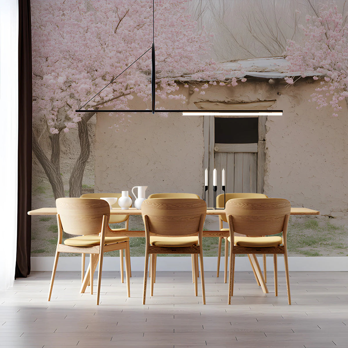 Cherry Blossom Cottage Mural Wallpaper — Whimsical Nature Scene Mural Wallpaper - pure wallpaper artwork