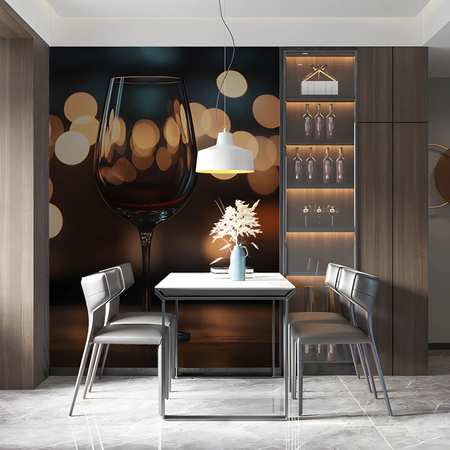Golden Bokeh Wine Glass Mural Wallpaper — Warm Evening Glow Mural Wallpaper