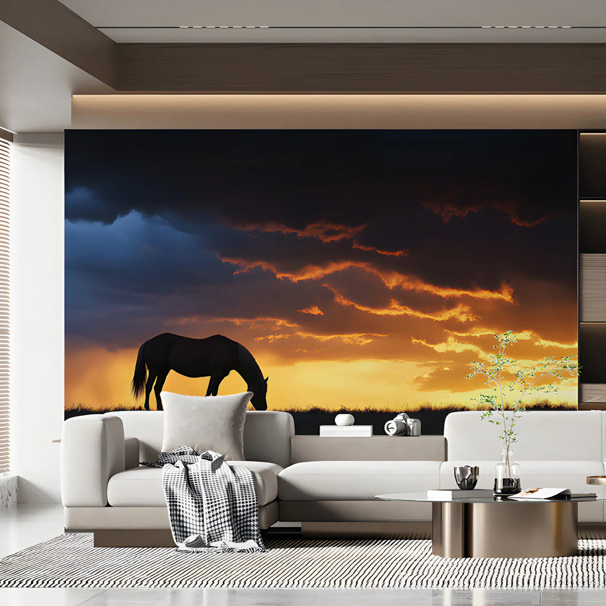 Horse Grazing at Sunset Mural Wallpaper — Moody Nature Design Mural Wallpaper - pure wallpaper artwork