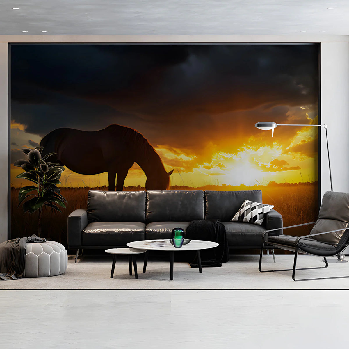 Grazing Horse at Sunset Mural Wallpaper —Dramatic Nature Scene Mural Wallpaper - pure wallpaper artwork