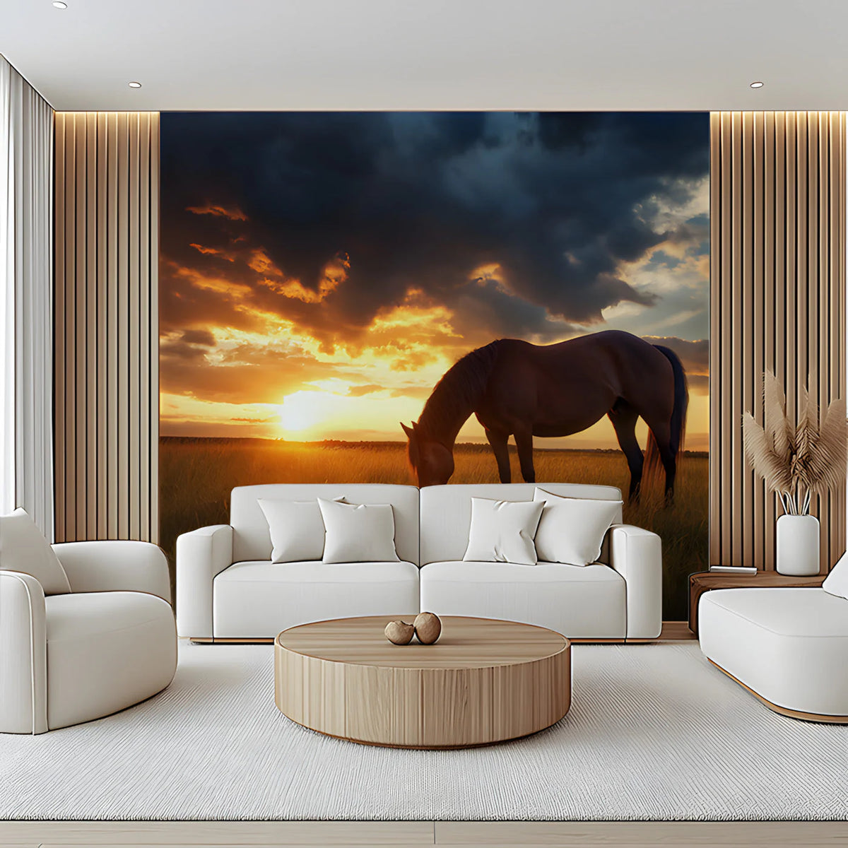 Grazing Horse at Sunset Mural Wallpaper — Atmospheric Landscape Mural Wallpaper - pure wallpaper artwork