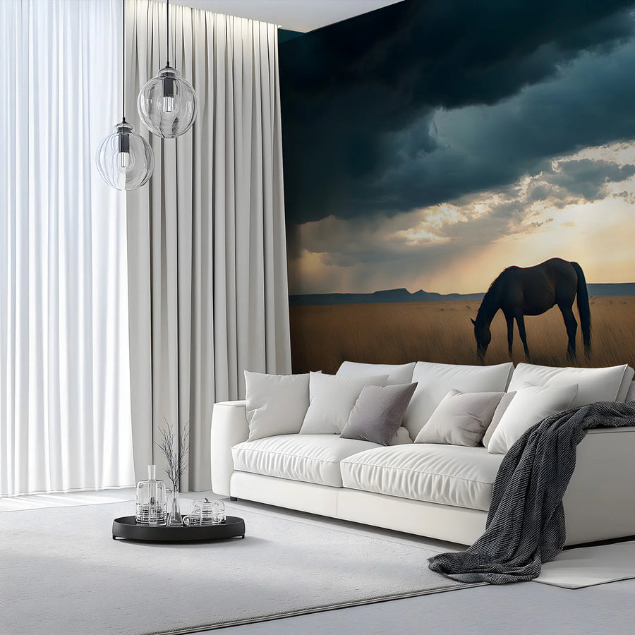 Stormy Prairie Horse Mural Wallpaper — Dramatic Landscape Mural Wallpaper