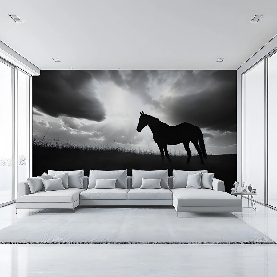 Galloping Horse Silhouette Mural Wallpaper — High Contrast Noir Mural Wallpaper