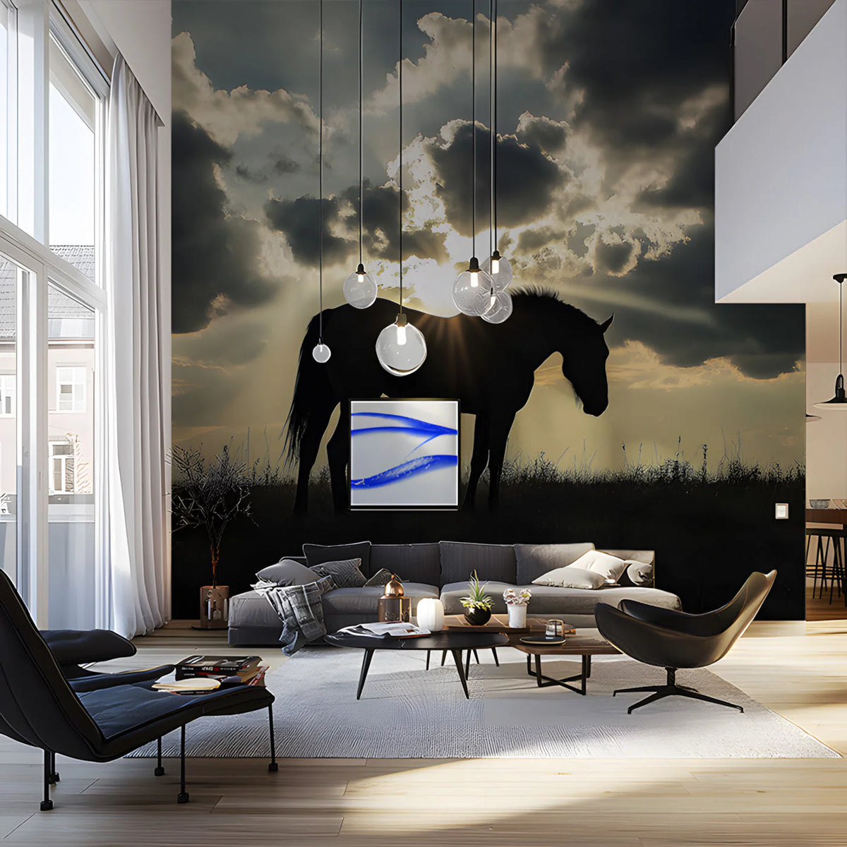 Galloping Horse Silhouette Mural Wallpaper —Moody Dusk Scene Mural Wallpaper - pure wallpaper artwork