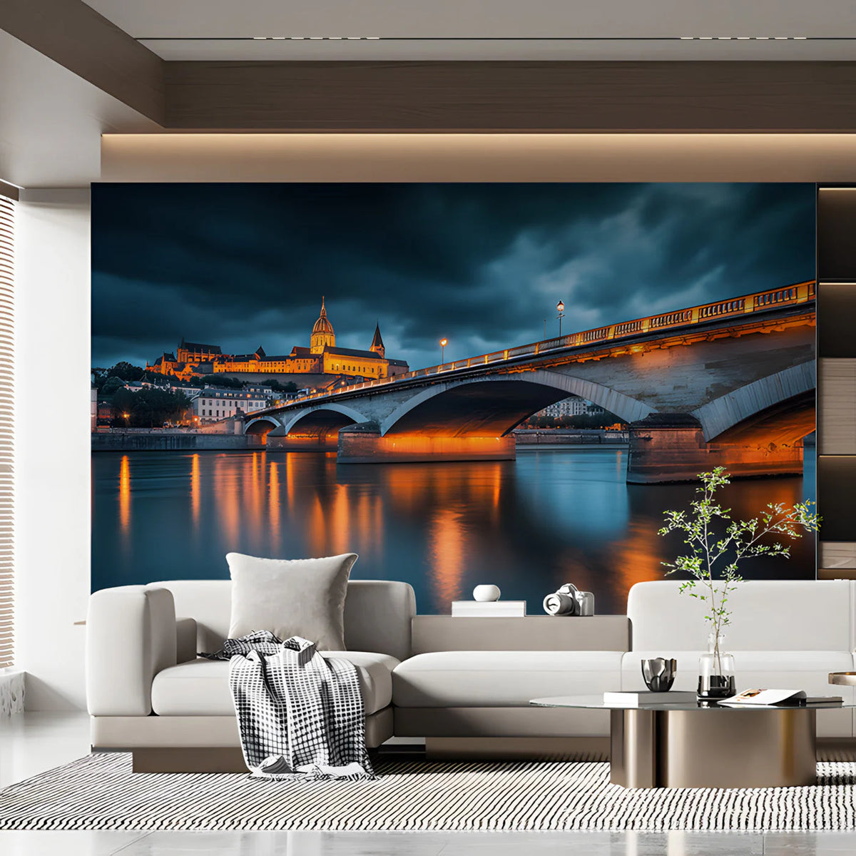 Nighttime City Bridge Mural Wallpaper —Urban Evening Scene Mural Wallpaper - pure wallpaper artwork